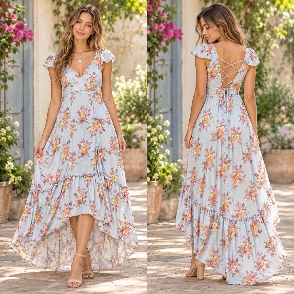 Rewind Floral Maxi Dress S Blue Cottagecore Lace Up Back Hi Low Ruffle Boho